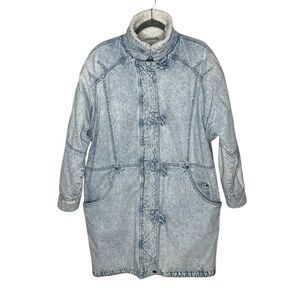 Vtg 80s Andy Johns Acid Wash Long Denim Sherpa Jacket Size M Zip Toggle Buttons
